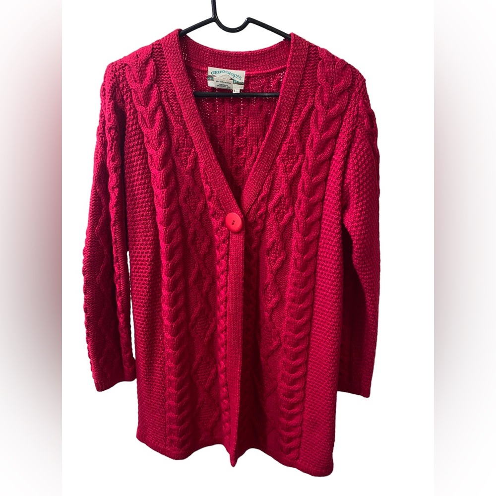 Aran Crafts Pink Button Front Cable Knit Irish Wool Sweater Coat Cardigan Sz L